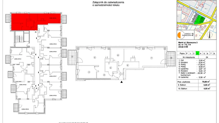 Rzut - Mieszkanie na sprzedaż 3 pokoje o powierzchni 70,88 m² - numer 24 w Osiedle Słoneczna etap 2