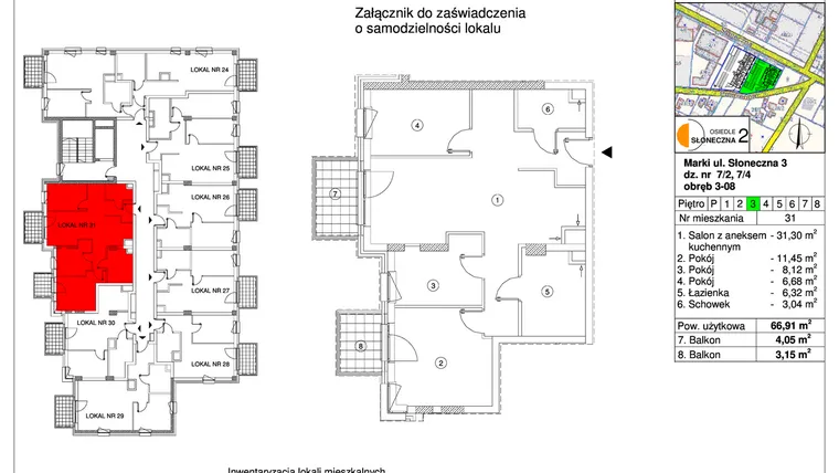 Rzut - Mieszkanie na sprzedaż 3 pokoje o powierzchni 66,91 m² - numer 31 w Osiedle Słoneczna etap 2
