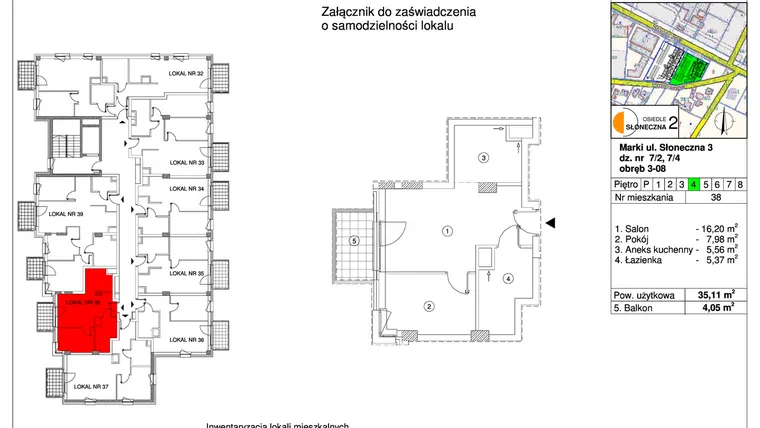 Rzut - Mieszkanie na sprzedaż 2 pokoje o powierzchni 35,11 m² - numer 38 w Osiedle Słoneczna etap 2