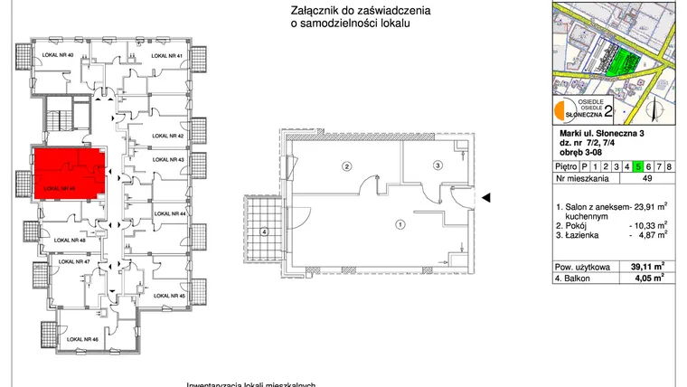 Rzut - Mieszkanie na sprzedaż 2 pokoje o powierzchni 39,11 m² - numer 49 w Osiedle Słoneczna etap 2