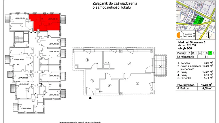 Rzut - Mieszkanie na sprzedaż 3 pokoje o powierzchni 49,88 m² - numer 61 w Osiedle Słoneczna etap 2