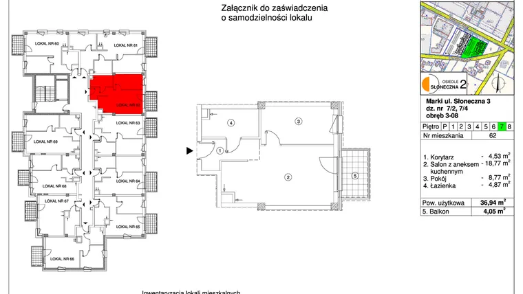 Rzut - Mieszkanie na sprzedaż 2 pokoje o powierzchni 36,94 m² - numer 62 w Osiedle Słoneczna etap 2