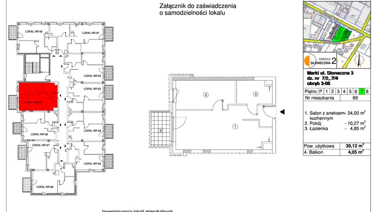 Rzut - Mieszkanie na sprzedaż 2 pokoje o powierzchni 39,12 m² - numer 69 w Osiedle Słoneczna etap 2