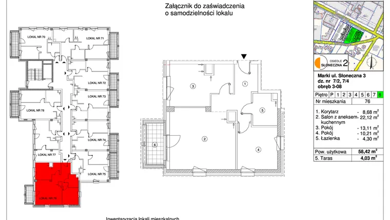 Rzut - Mieszkanie na sprzedaż 3 pokoje o powierzchni 58,42 m² - numer 76 w Osiedle Słoneczna etap 2