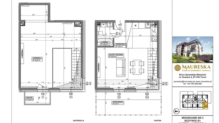 Rzut - Mieszkanie na sprzedaż 1 pokój o powierzchni 68,22 m² - numer B1.3 w Osiedle Maureska
