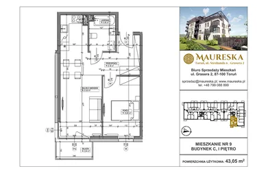 Rzut - Mieszkanie na sprzedaż 2 pokoje o powierzchni 43,05 m² - numer C.9 w Osiedle Maureska etap 2