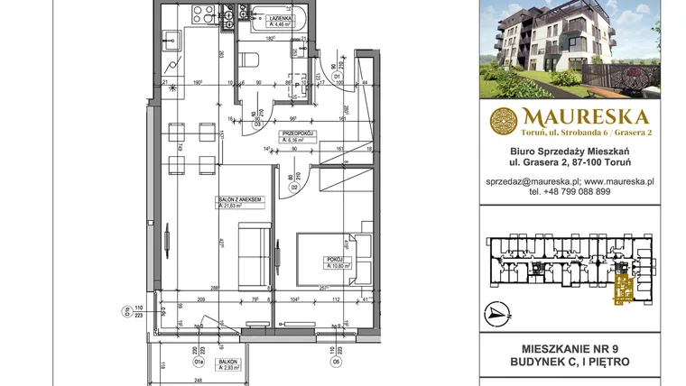 Rzut - Mieszkanie na sprzedaż 2 pokoje o powierzchni 43,05 m² - numer C.9 w Osiedle Maureska etap 2
