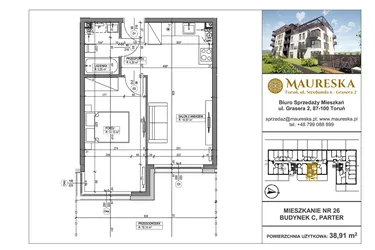 Rzut - Mieszkanie na sprzedaż 2 pokoje o powierzchni 38,91 m² - numer C.26 w Osiedle Maureska etap 2