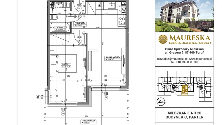 Rzut - Mieszkanie na sprzedaż 2 pokoje o powierzchni 38,91 m² - numer C.26 w Osiedle Maureska etap 2