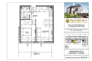 Rzut - Mieszkanie na sprzedaż 2 pokoje o powierzchni 36,35 m² - numer C.27 w Osiedle Maureska etap 2
