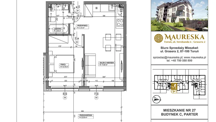 Rzut - Mieszkanie na sprzedaż 2 pokoje o powierzchni 36,35 m² - numer C.27 w Osiedle Maureska etap 2