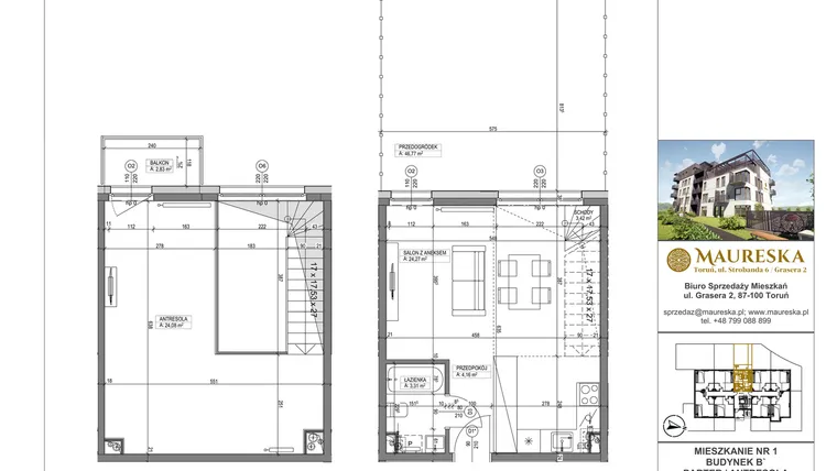 Rzut - Mieszkanie na sprzedaż 1 pokój o powierzchni 59,24 m² - numer B’.1 w Osiedle Maureska etap 2