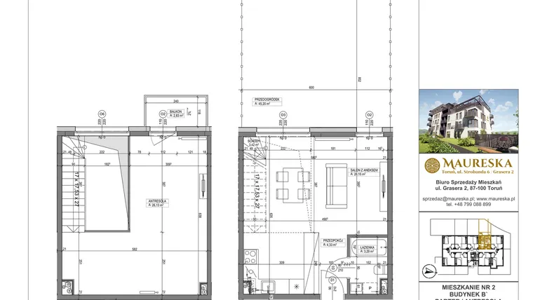 Rzut - Mieszkanie na sprzedaż 1 pokój o powierzchni 63,32 m² - numer B’.2 w Osiedle Maureska etap 2