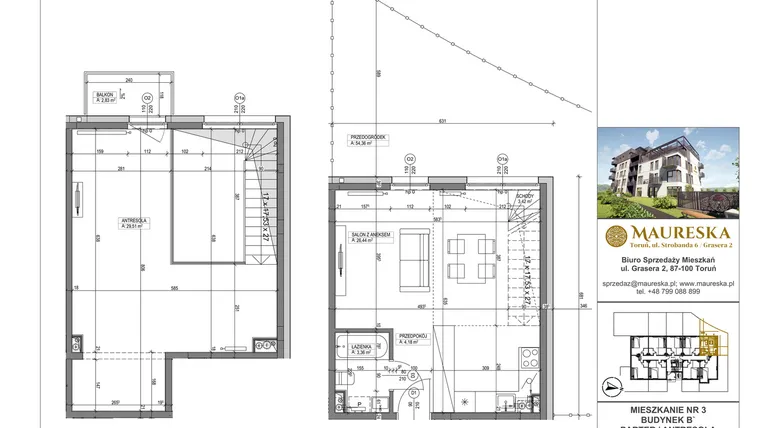 Rzut - Mieszkanie na sprzedaż 1 pokój o powierzchni 66,91 m² - numer B’.3 w Osiedle Maureska etap 2