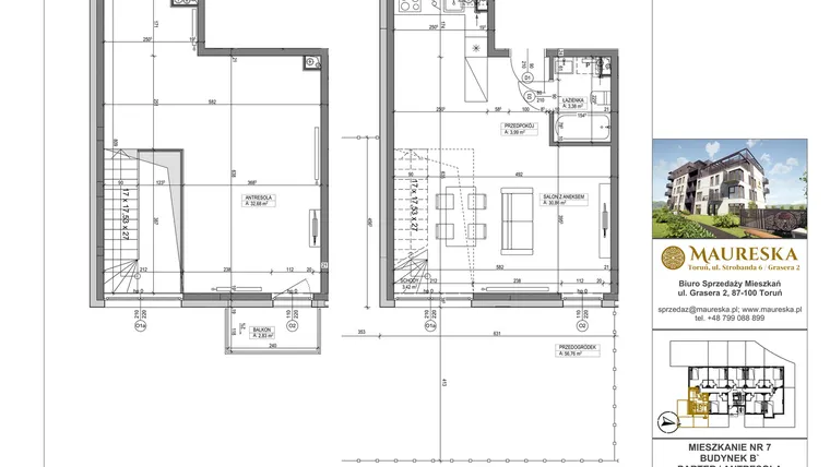 Rzut - Mieszkanie na sprzedaż 1 pokój o powierzchni 74,33 m² - numer B’.7 w Osiedle Maureska etap 2