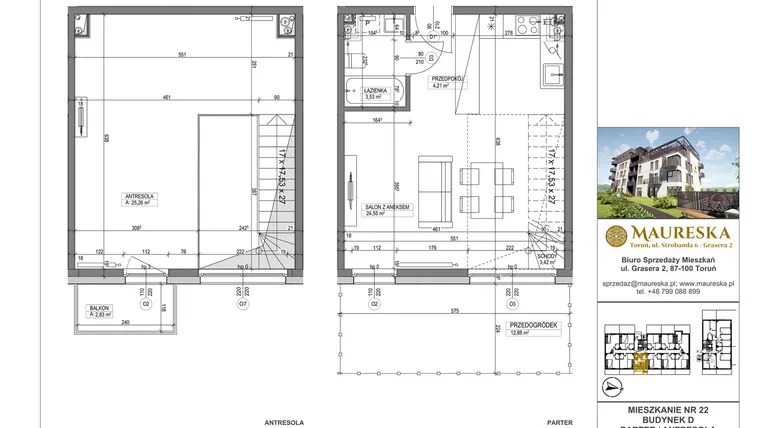 Rzut - Mieszkanie na sprzedaż 1 pokój o powierzchni 60,97 m² - numer D.22 w Osiedle Maureska etap 2