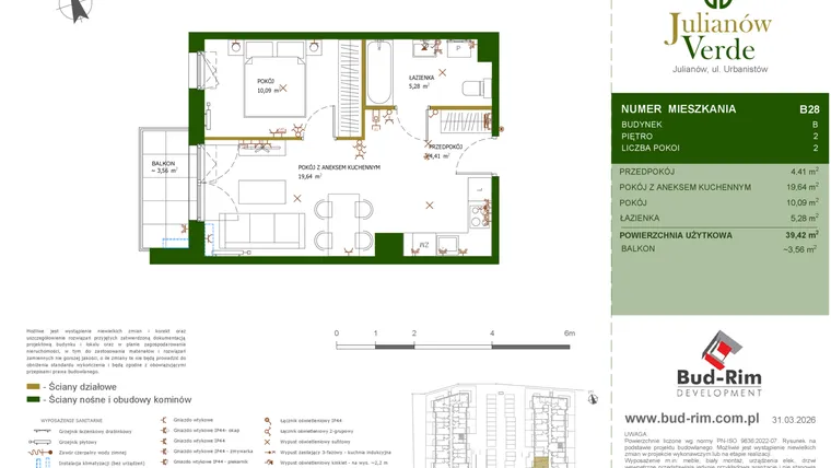 Rzut - Mieszkanie na sprzedaż 2 pokoje o powierzchni 39,42 m² - numer 28 w Julianów Verde II