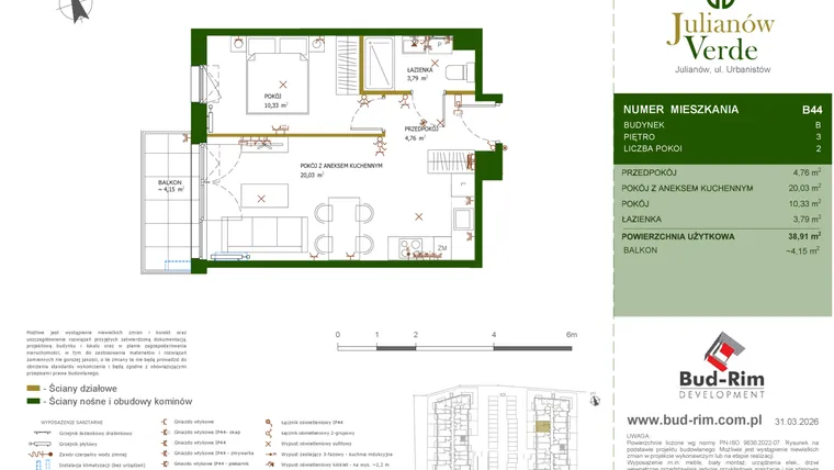 Rzut - Mieszkanie na sprzedaż 2 pokoje o powierzchni 38,91 m² - numer 44 w Julianów Verde II