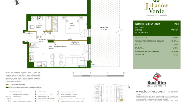 Rzut - Mieszkanie na sprzedaż 2 pokoje o powierzchni 39,94 m² - numer 1 w Julianów Verde II