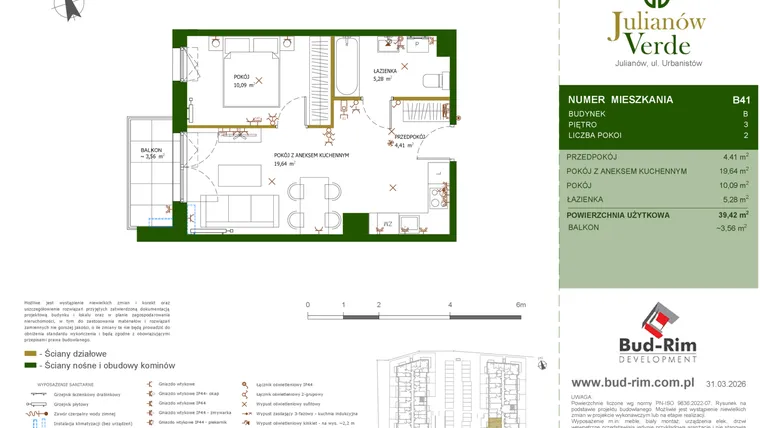 Rzut - Mieszkanie na sprzedaż 2 pokoje o powierzchni 39,42 m² - numer 41 w Julianów Verde II