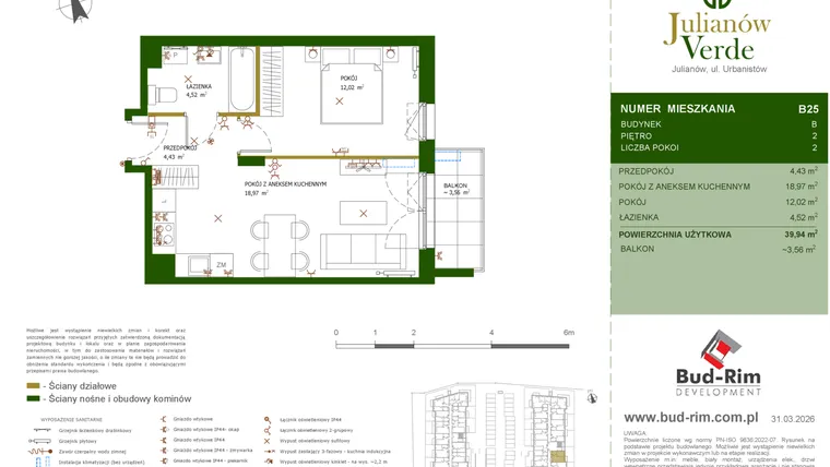 Rzut - Mieszkanie na sprzedaż 2 pokoje o powierzchni 39,94 m² - numer 25 w Julianów Verde II