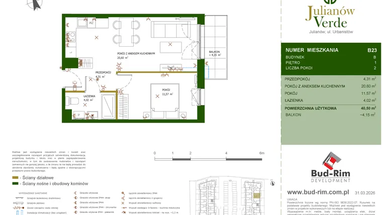 Rzut - Mieszkanie na sprzedaż 2 pokoje o powierzchni 40,5 m² - numer 23 w Julianów Verde II