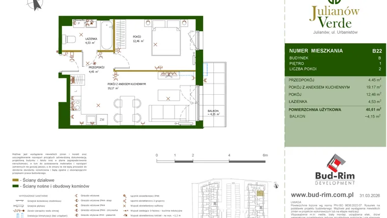 Rzut - Mieszkanie na sprzedaż 2 pokoje o powierzchni 40,61 m² - numer 22 w Julianów Verde II