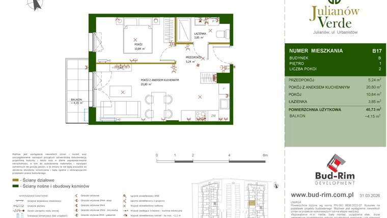 Rzut - Mieszkanie na sprzedaż 2 pokoje o powierzchni 40,73 m² - numer 17 w Julianów Verde II