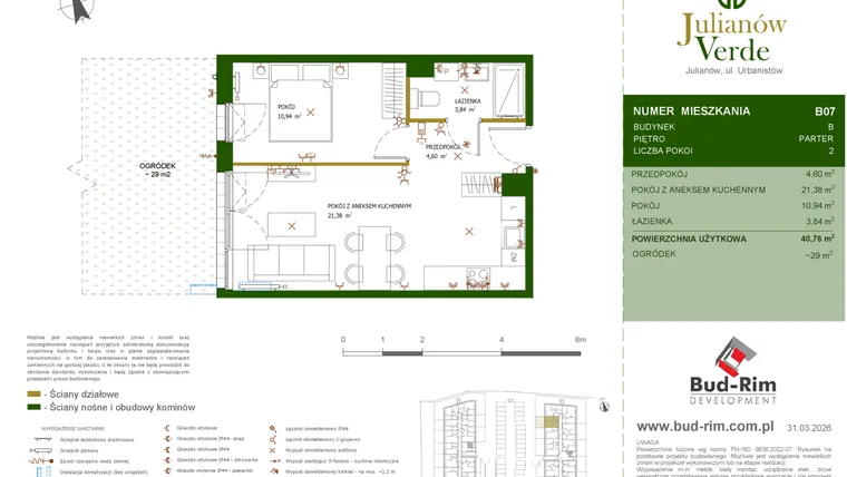 Rzut - Mieszkanie na sprzedaż 2 pokoje o powierzchni 40,76 m² - numer 7 w Julianów Verde II