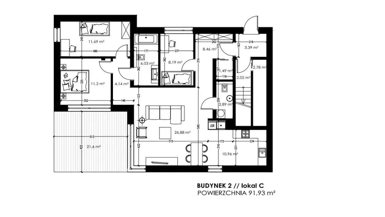 Rzut - Mieszkanie na sprzedaż 4 pokoje o powierzchni 92 m² - numer C w Apartamenty Arturówek