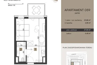 Rzut - Mieszkanie na sprzedaż 1 pokój o powierzchni 27,64 m² - numer 059 w Nickel Resort & Wellnest Grzybowo - apartamenty inwestycyjne
