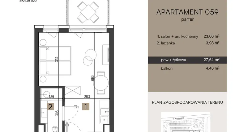 Rzut - Mieszkanie na sprzedaż 1 pokój o powierzchni 27,64 m² - numer 059 w Nickel Resort & Wellnest Grzybowo - apartamenty inwestycyjne