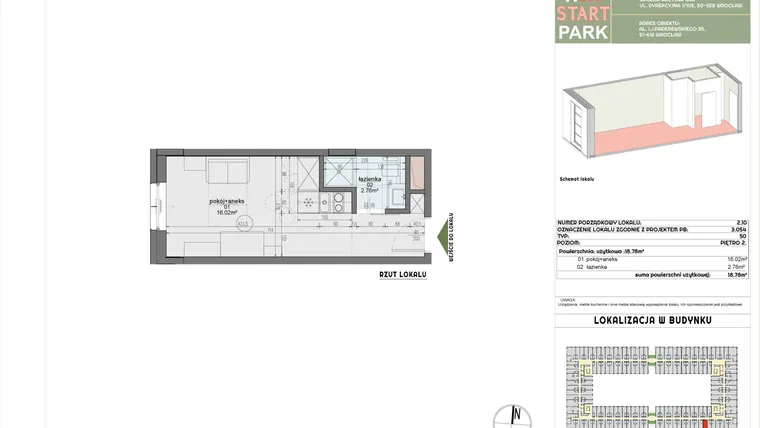 Rzut - Mieszkanie na sprzedaż 1 pokój o powierzchni 18,78 m² - numer 2.10 w START PARK