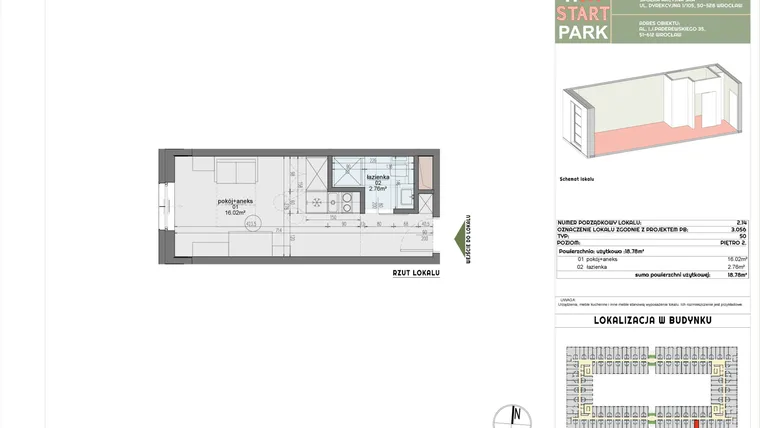 Rzut - Mieszkanie na sprzedaż 1 pokój o powierzchni 18,78 m² - numer 2.14 w START PARK