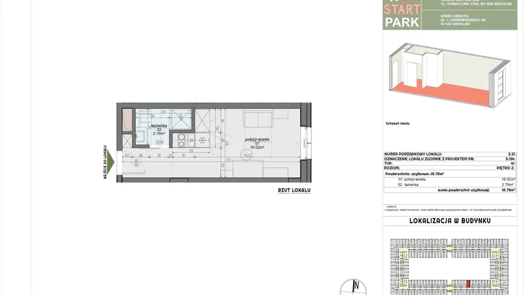 Rzut - Mieszkanie na sprzedaż 1 pokój o powierzchni 18,78 m² - numer 2.21 w START PARK