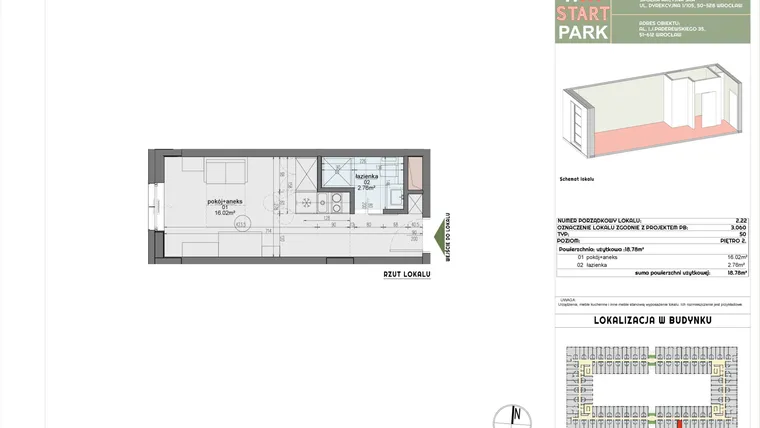 Rzut - Mieszkanie na sprzedaż 1 pokój o powierzchni 18,78 m² - numer 2.22 w START PARK