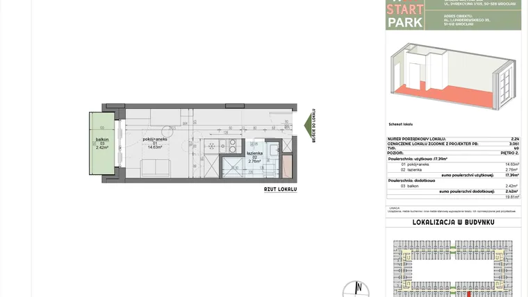 Rzut - Mieszkanie na sprzedaż 1 pokój o powierzchni 17,39 m² - numer 2.24 w START PARK