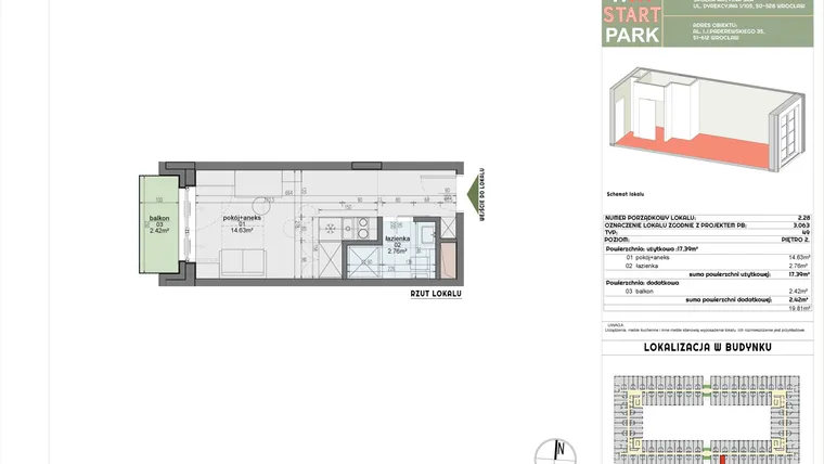 Rzut - Mieszkanie na sprzedaż 1 pokój o powierzchni 17,39 m² - numer 2.28 w START PARK