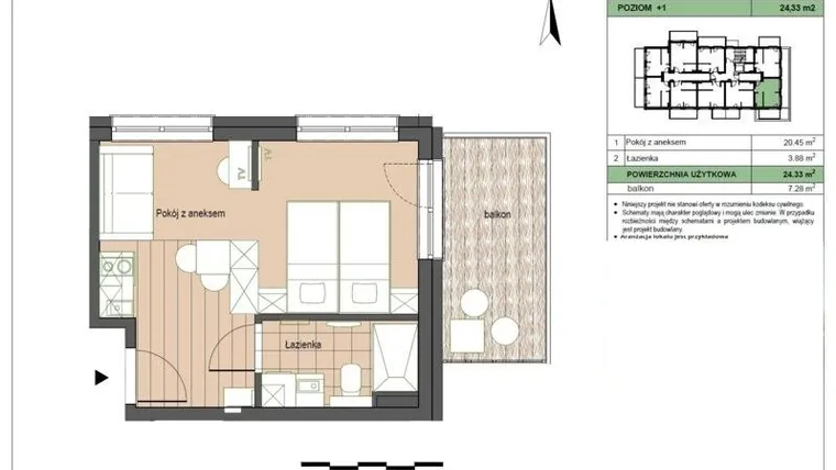 Rzut - Mieszkanie na sprzedaż 2 pokoje o powierzchni 24,33 m² - numer M12 w Stegna Forest 2