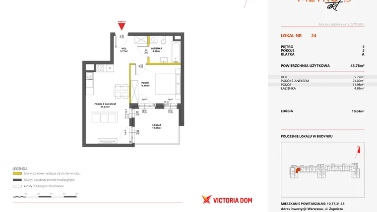 Rzut - Mieszkanie na sprzedaż 2 pokoje o powierzchni 43,66 m² - numer 24 w Metro Art 13