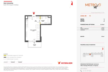 Rzut - Mieszkanie na sprzedaż 1 pokój o powierzchni 31,33 m² - numer 74 w Metro Art 13