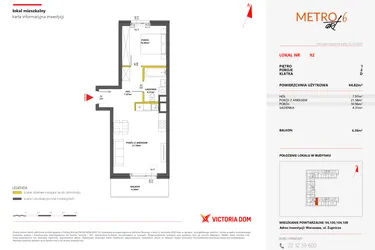 Rzut - Mieszkanie na sprzedaż 2 pokoje o powierzchni 44,82 m² - numer 92 w Metro Art 6