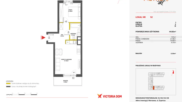 Rzut - Mieszkanie na sprzedaż 2 pokoje o powierzchni 44,82 m² - numer 92 w Metro Art 6
