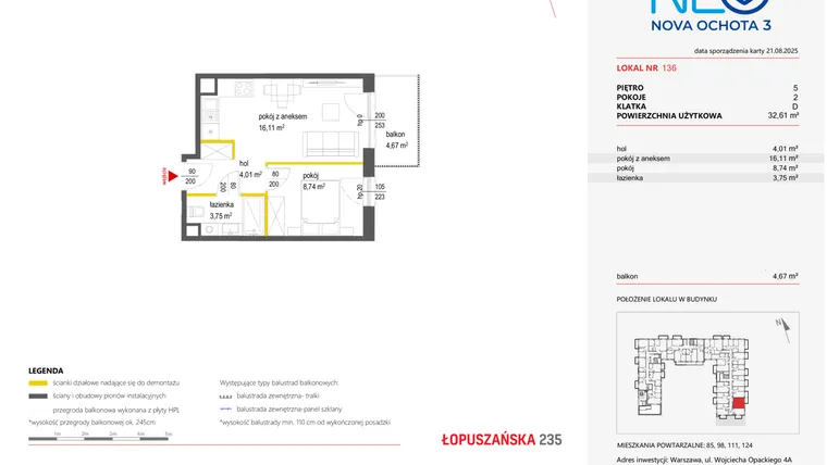 Rzut - Mieszkanie na sprzedaż 2 pokoje o powierzchni 32,61 m² - numer 136 w Neo Nova Ochota 3