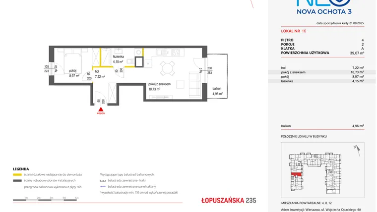 Rzut - Mieszkanie na sprzedaż 2 pokoje o powierzchni 39,07 m² - numer 16 w Neo Nova Ochota 3