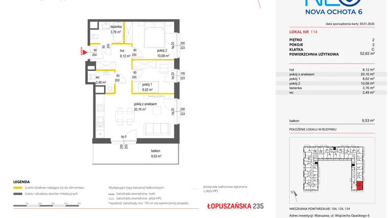 Rzut - Mieszkanie na sprzedaż 3 pokoje o powierzchni 52,63 m² - numer 114 w Neo Nova Ochota 6
