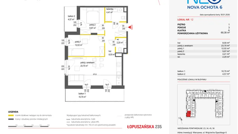 Rzut - Mieszkanie na sprzedaż 3 pokoje o powierzchni 60,3 m² - numer 12 w Neo Nova Ochota 6