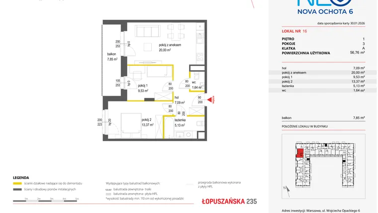 Rzut - Mieszkanie na sprzedaż 3 pokoje o powierzchni 56,76 m² - numer 16 w Neo Nova Ochota 6