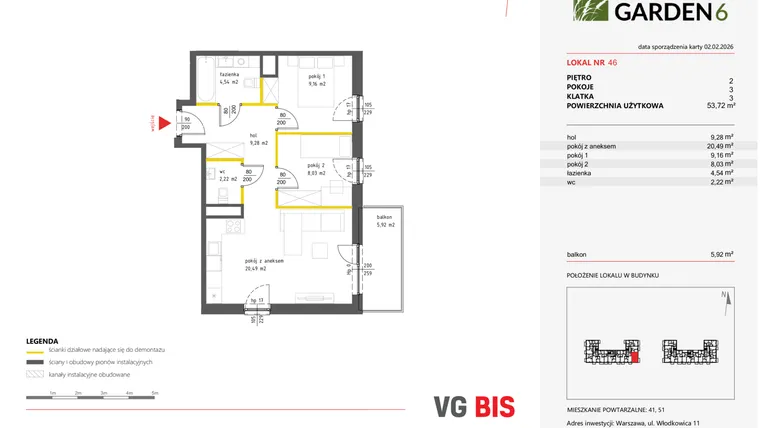 Rzut - Mieszkanie na sprzedaż 3 pokoje o powierzchni 54,36 m² - numer 46 w Nova Viva Garden 6