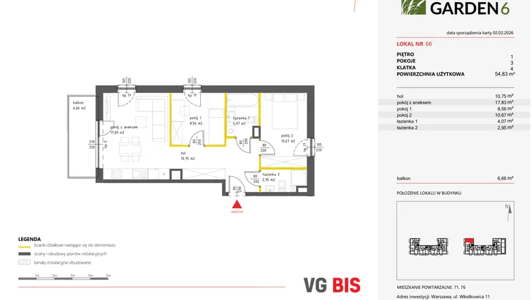 Rzut - Mieszkanie na sprzedaż 3 pokoje o powierzchni 55,43 m² - numer 66 w Nova Viva Garden 6
